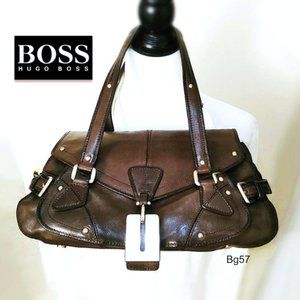 HUGO BOSS Dark Brown Genuine Leather Satchel Handbag Carry Flap Top Dual Handles